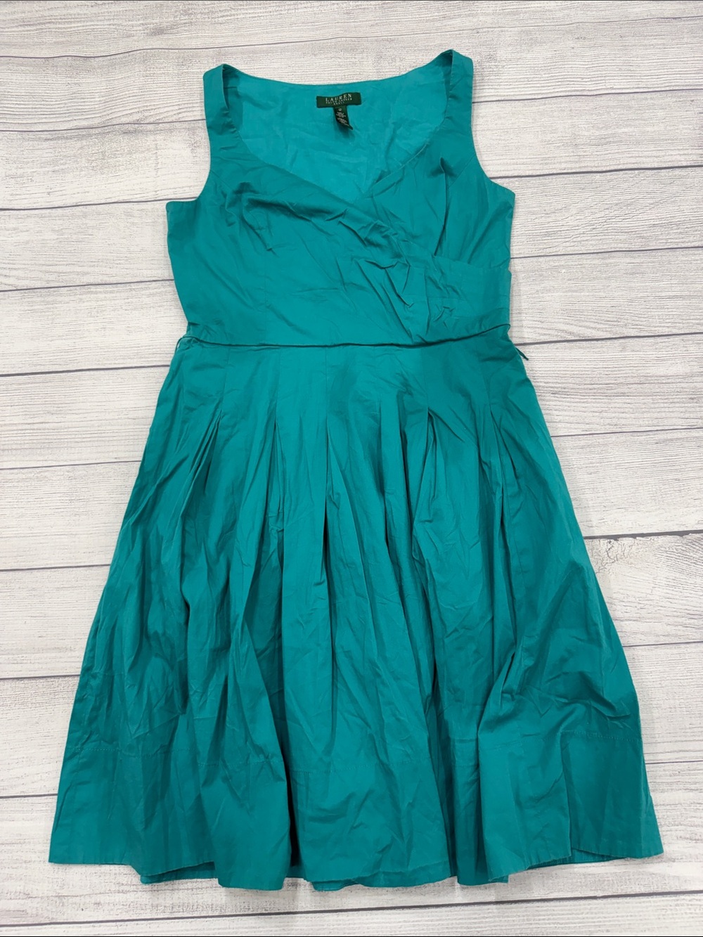 Lauren Ralph Lauren Teal Fit Flare Dress Size 12 Sleeveless Cotton Blend